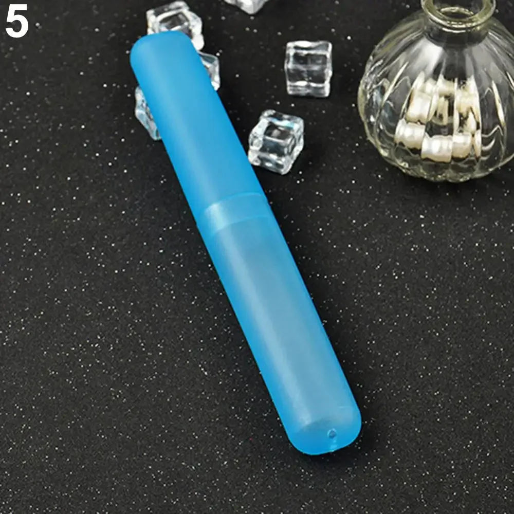 A light blue travel toothbrush case with ventilation is shown next to several clear ice cubes and a glass jar filled with tee