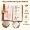 A clear plastic budget organizer for cash, featuring a lock and multiple compartments with bear designs to sort categories an