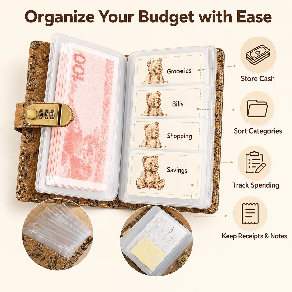 A clear plastic budget organizer for cash, featuring a lock and multiple compartments with bear designs to sort categories an