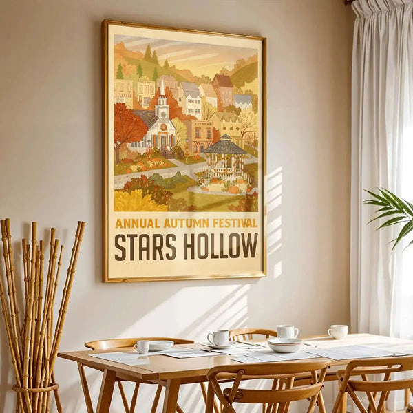 A framed canvas art print depicting a historic town scene with autumn foliage and buildings.