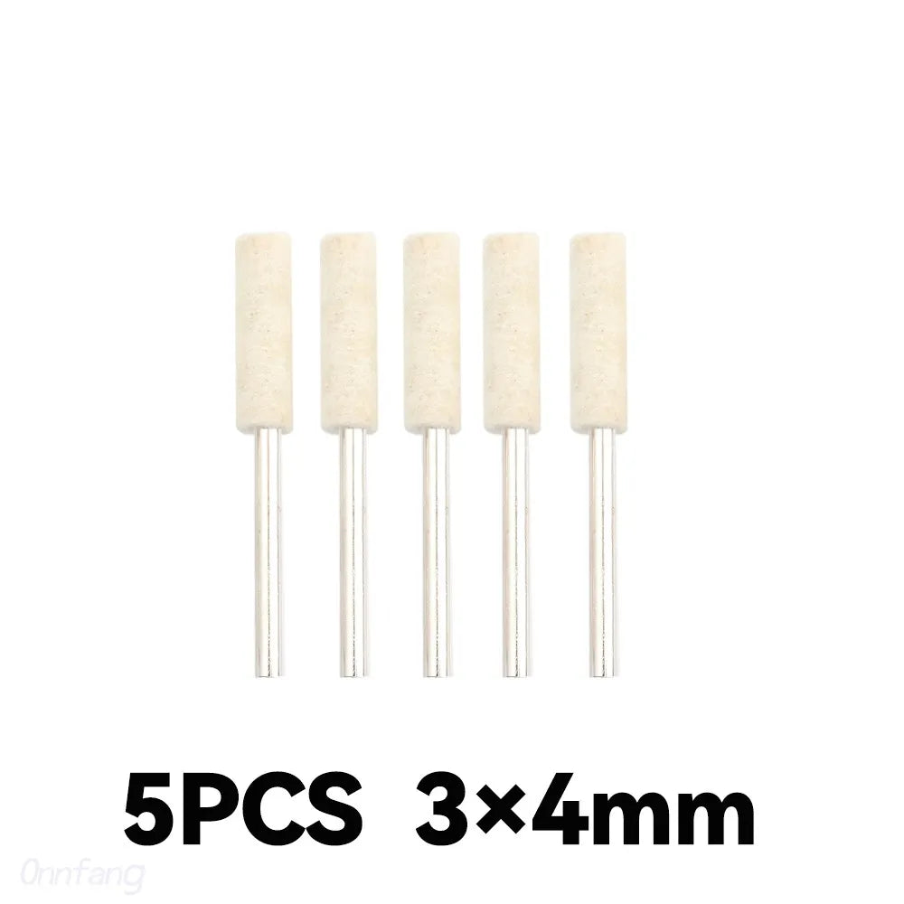 Five pieces of beige wool felt polishing wheels with 3x4mm shafts.