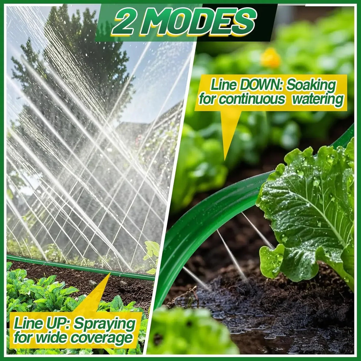 A flat soaker hose is shown in two modes: line down for continuous watering and line up for spraying wide coverage.