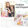 Clear PVC gift tote bags with hand loops displayed next to a woman in a black dress.