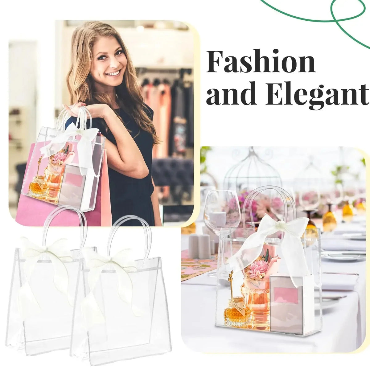 Clear PVC gift tote bags with hand loops displayed next to a woman in a black dress.