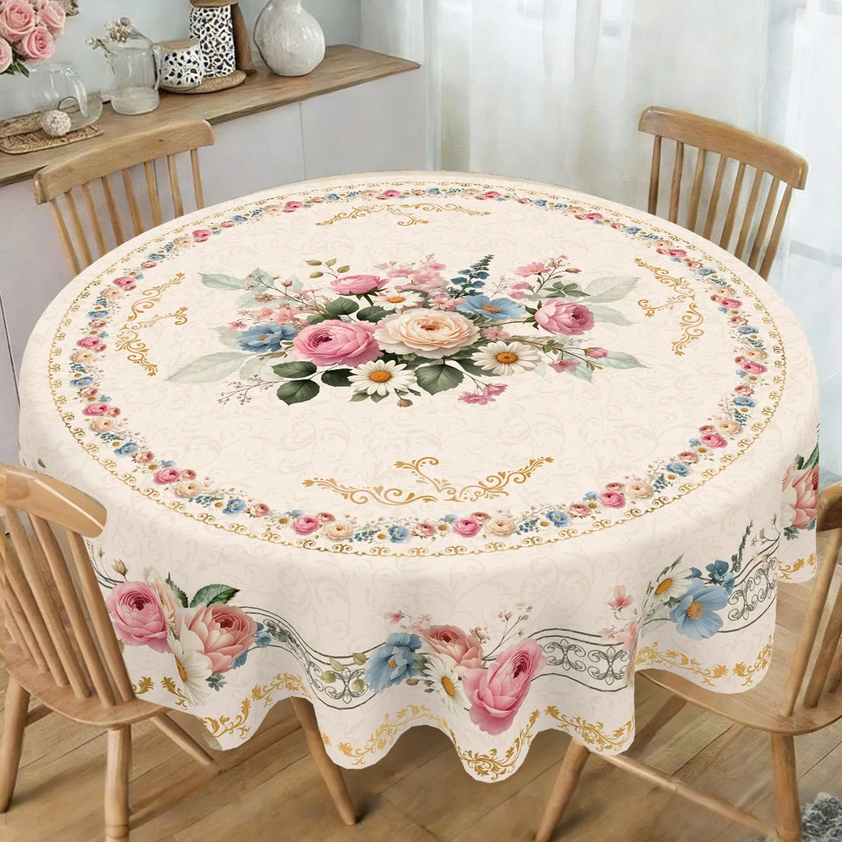 Vintage floral tablecloth with pink and blue roses and greenery set on a wooden dining table.