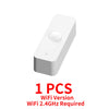 A white smart motion sensor device with a round lens and a small cutout on the bottom.