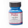 A small glass bottle of Angelus Light Blue acrylic leather paint with a black cap.