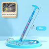 A blue water blaster toy with a multi-hole spray nozzle is shown spraying water into a pool.
