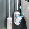 Wall-mounted disposable toilet brush set with refill heads shown in use for cleaning.