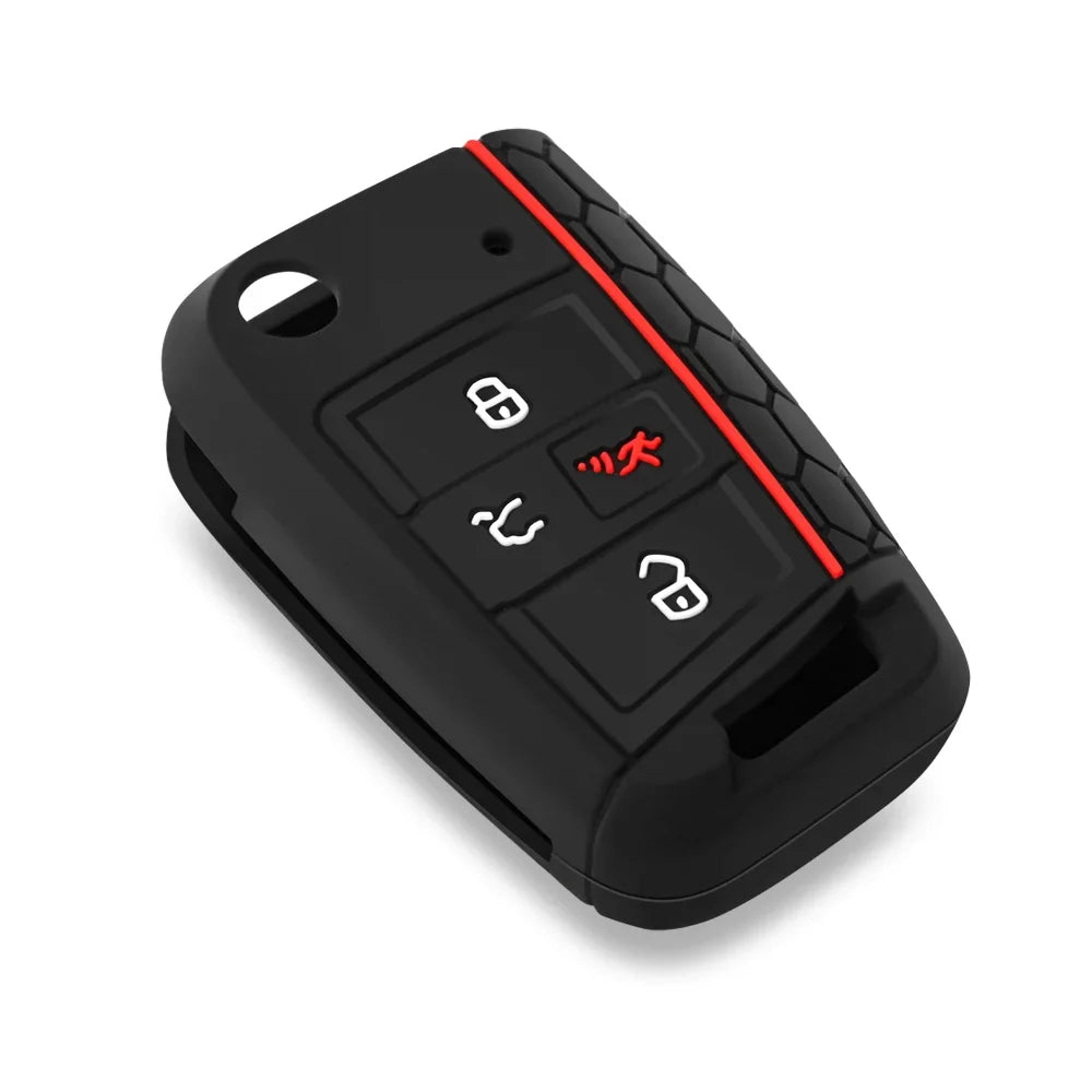 Black silicone car key fob cover with a red accent line, designed for Volkswagen and Skoda models.