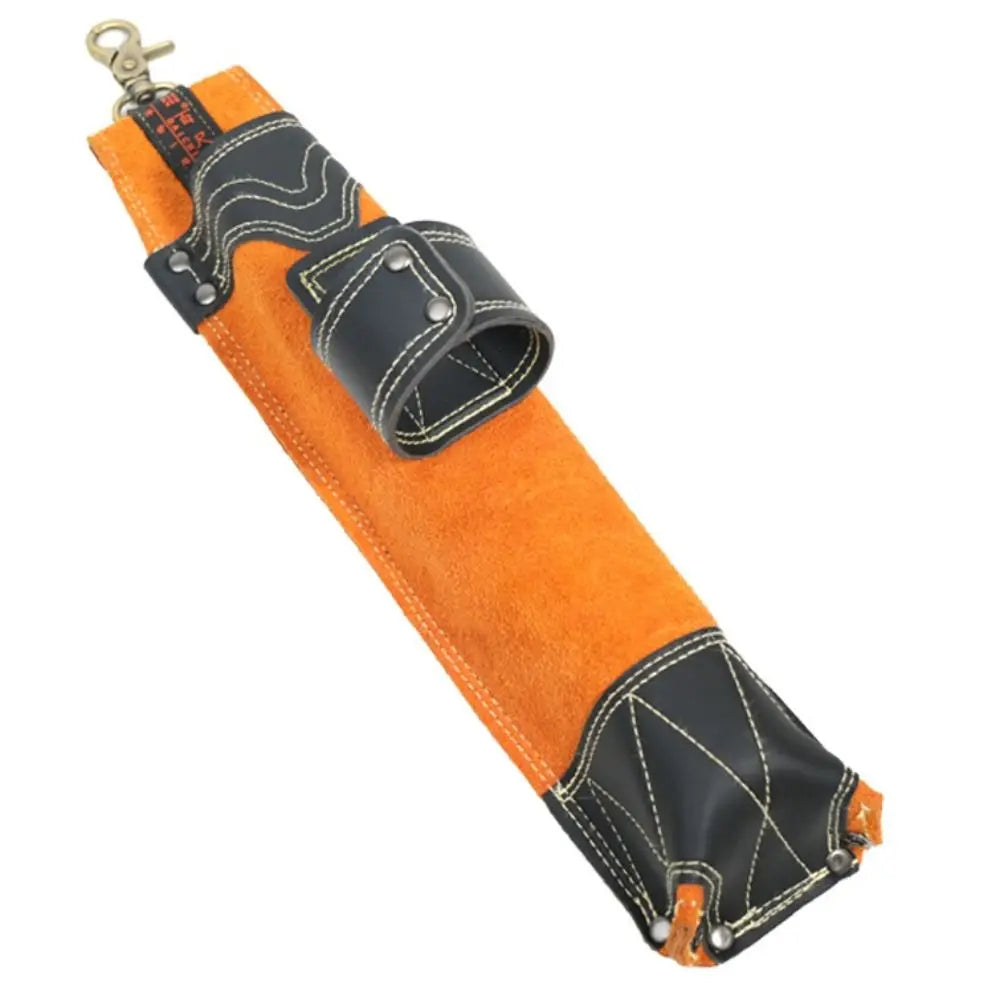 Orange heavy-duty cowhide welding rod storage bag with a hanging hook