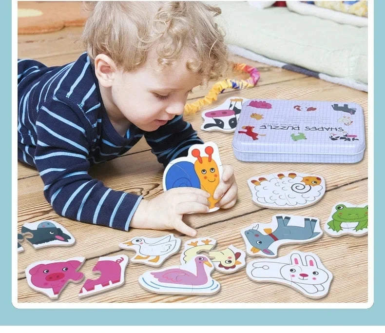 A child is interacting with a wooden animal and vehicle puzzle set featuring various animals and shapes, alongside a storage 