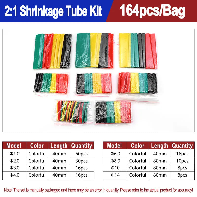 A kit of heat shrink tubing in various colors and lengths, packaged for shrinking applications.