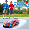 A red and blue spider-themed RC supercar is racing on a smooth gray surface with a remote control visible.