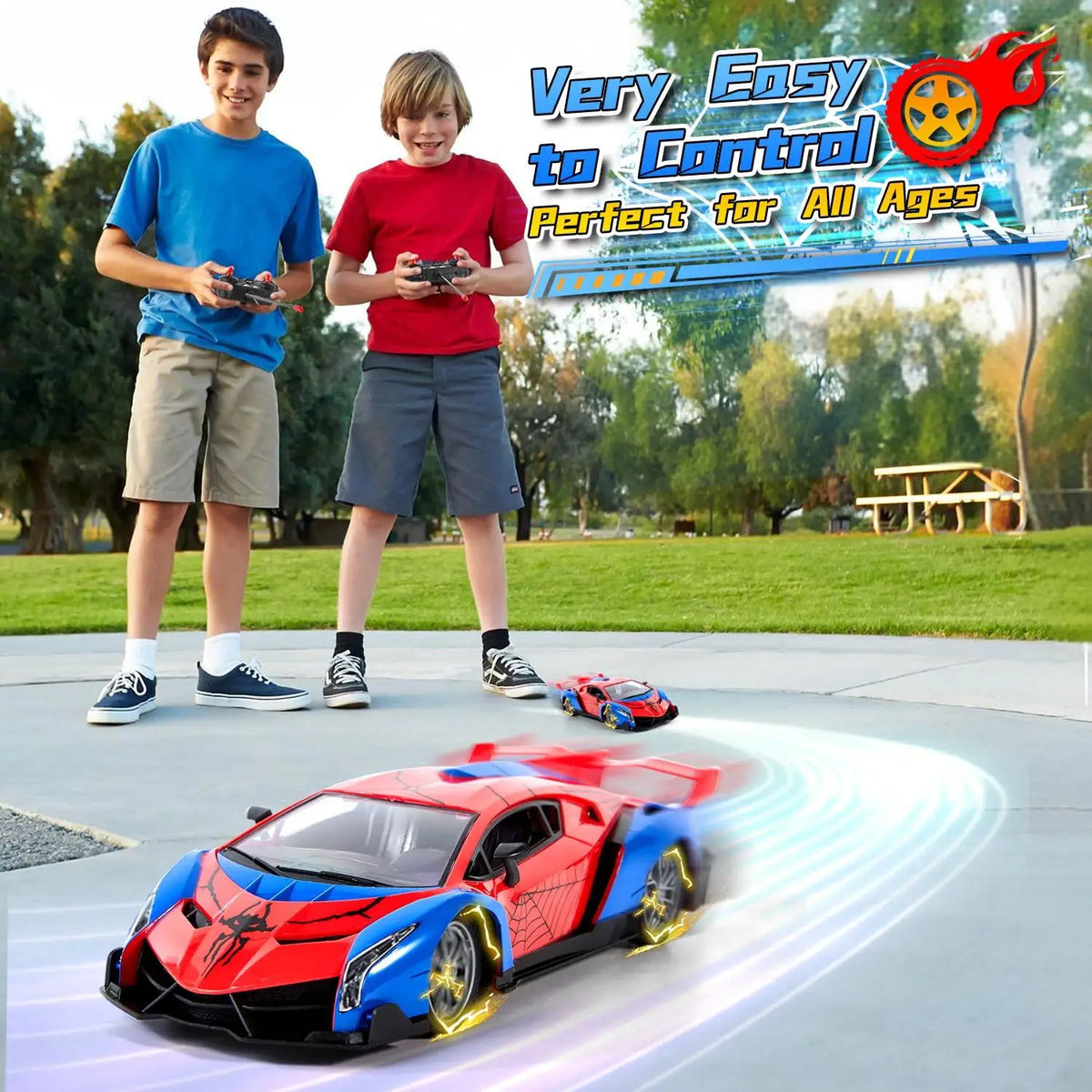 A red and blue spider-themed RC supercar is racing on a smooth gray surface with a remote control visible.