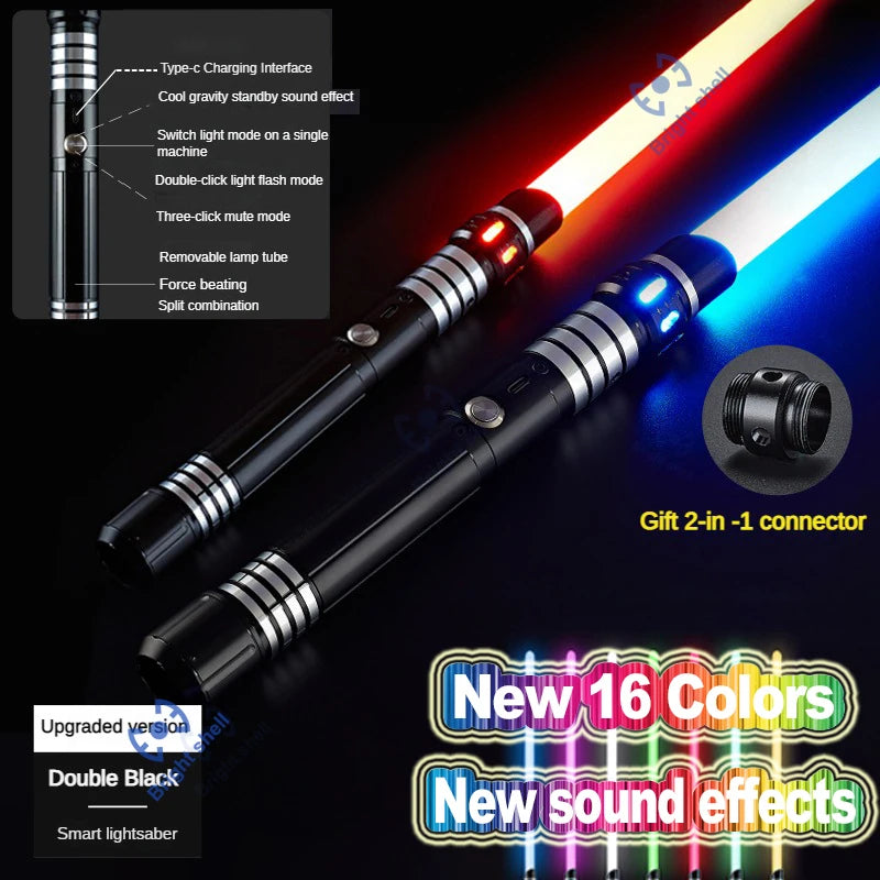 An RGB metal lightsaber with multiple modes and sound effects shown against a dark background.