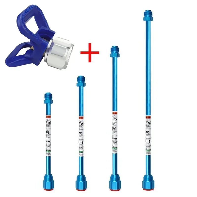 A blue airless paint sprayer extension rod with a silver fitting and a red plus sign.