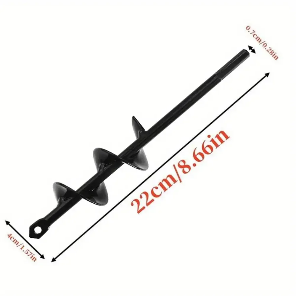 A black garden auger spiral drill bit with a 22cm length and a 0.7cm diameter.