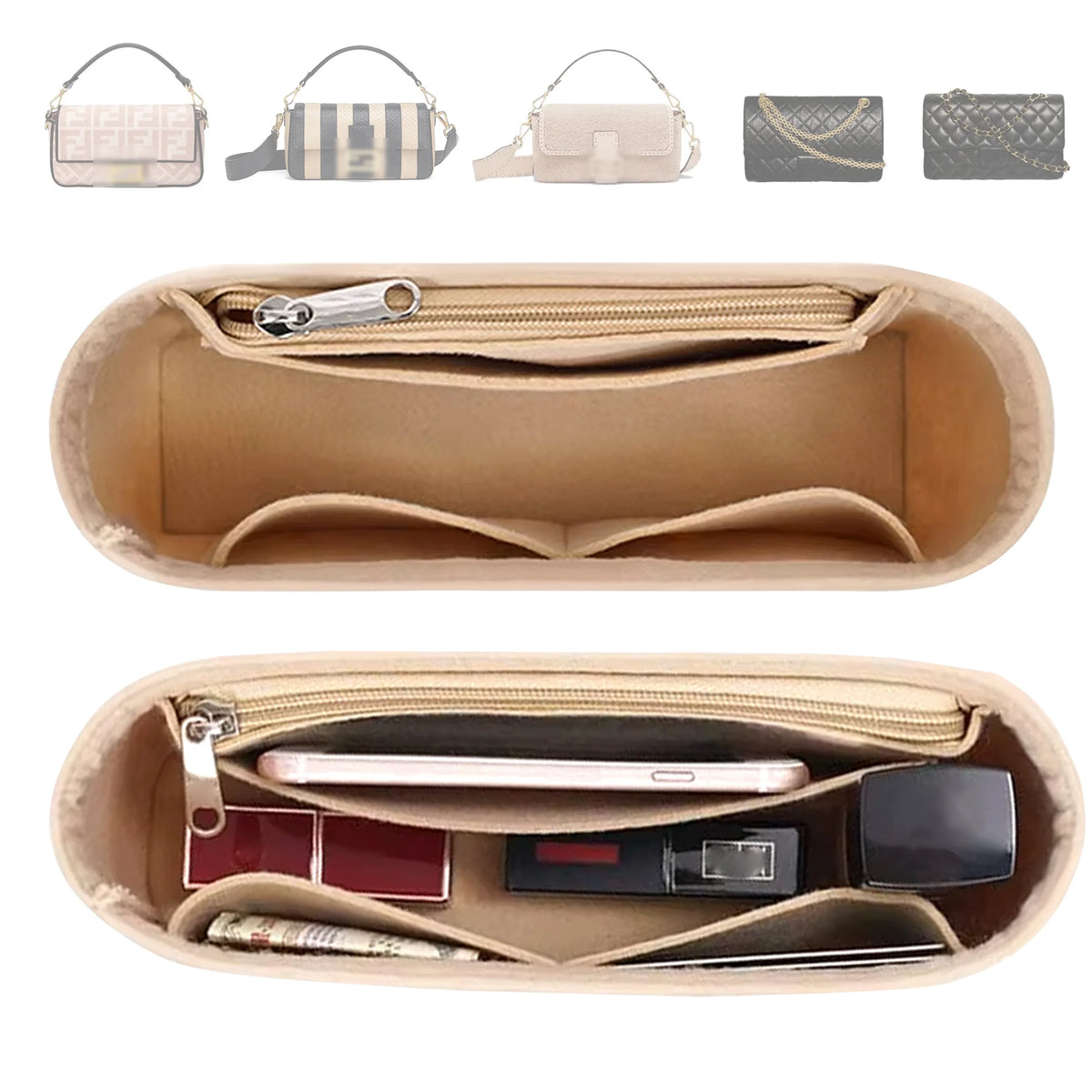 A tan felt purse organizer insert with a zipper is shown, featuring multiple compartments and a zippered pocket.