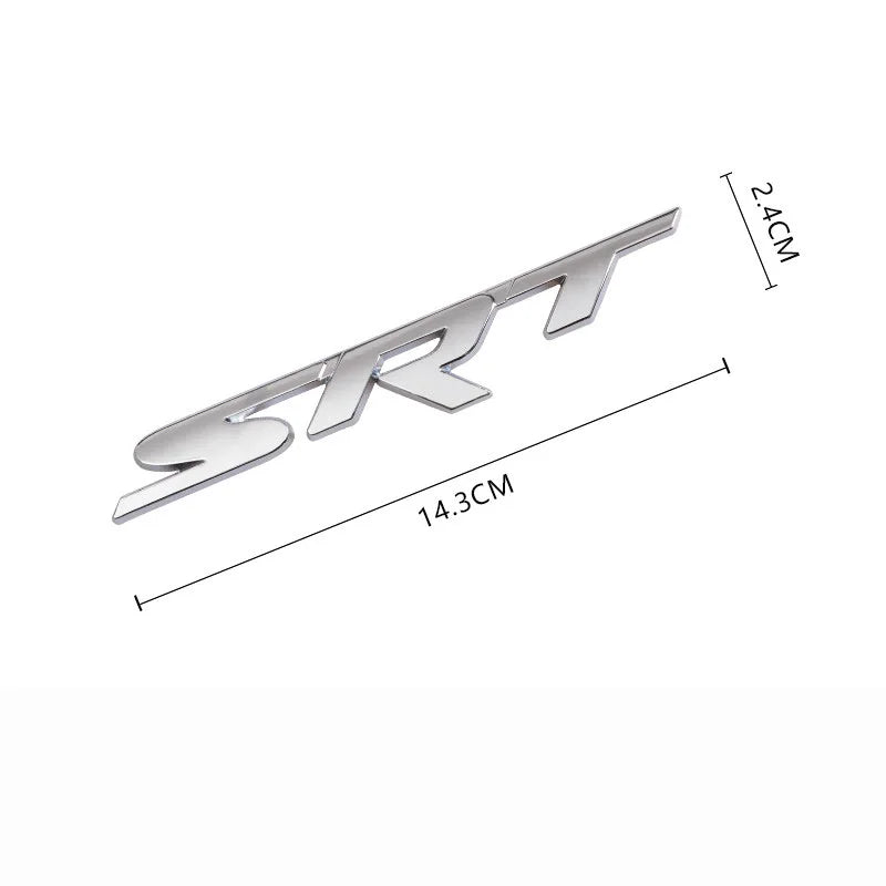 Silver metal Dodge SRT grille emblem with dimensions 2.4cm high and 14.3cm long