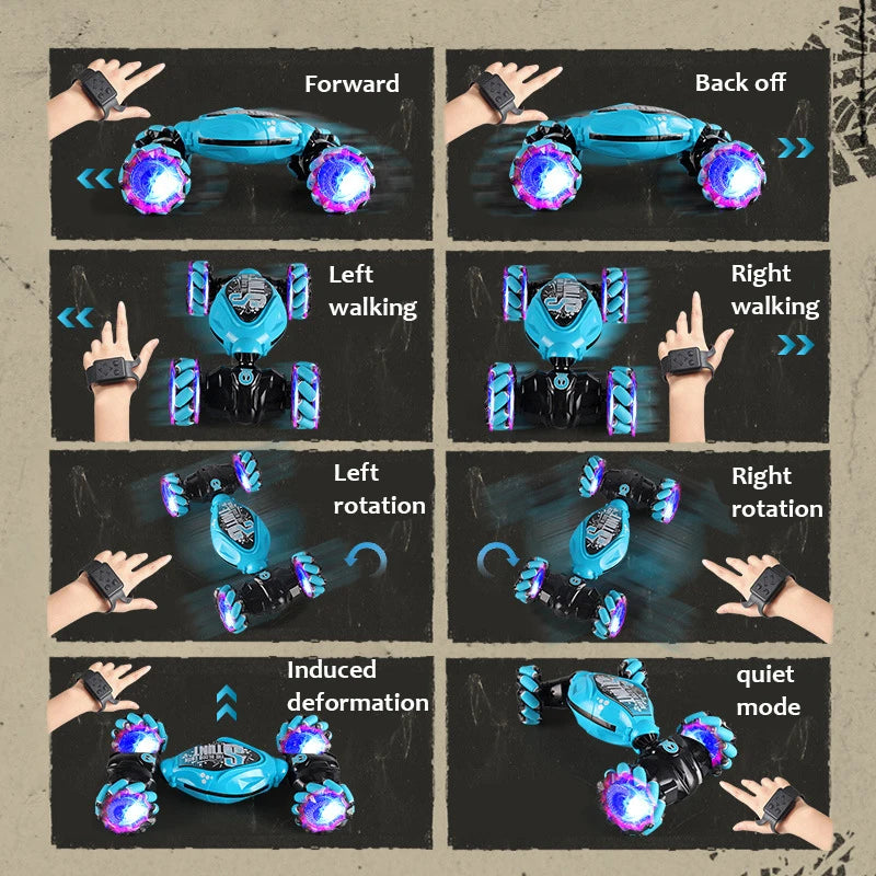 Various maneuvers of an RC stunt car including forward, backward, walking, rotation, and deformation modes.
