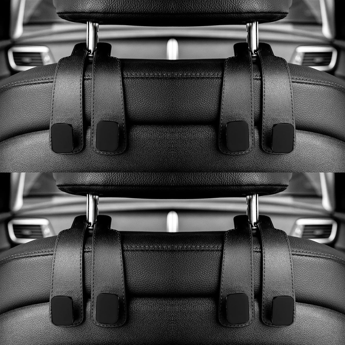 Close-up view of black car headrest hooks designed for securing bags and shopping organizers.
