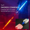 Two lightsabers combined into one glowing musical toy sword with a telescoping blade