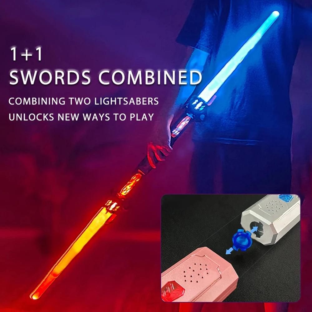 Two lightsabers combined into one glowing musical toy sword with a telescoping blade
