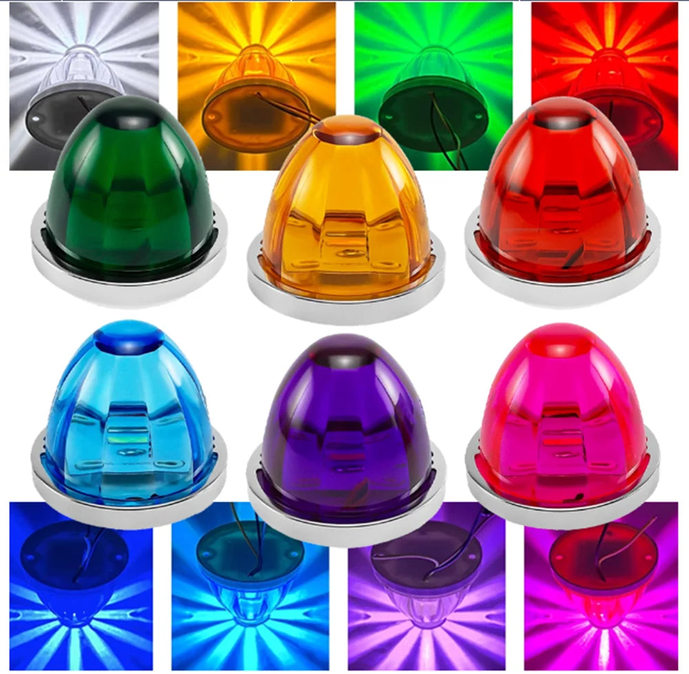 A collection of waterproof LED side marker lights in various colors including green, orange, red, blue, and purple.