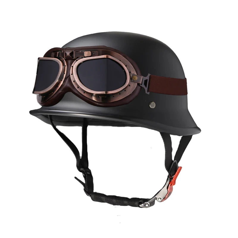 A black half helmet with integrated brown goggles and a black strap for motorcycle or scooter riders.