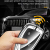 A hand holds a silver car key case with a digital keypad, set against a dark background with a car in the blurred background.