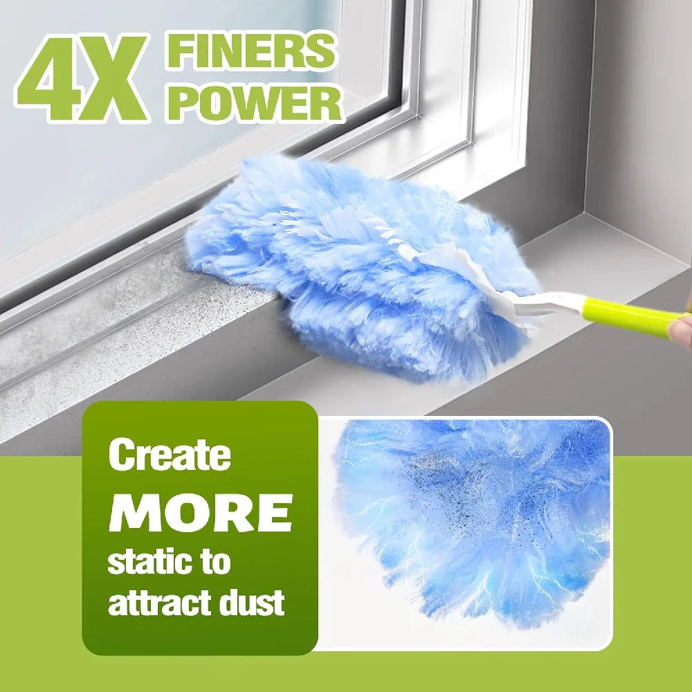 A blue fuzzy electrostatic duster is shown cleaning a window sill, demonstrating 4X finer power to attract dust.