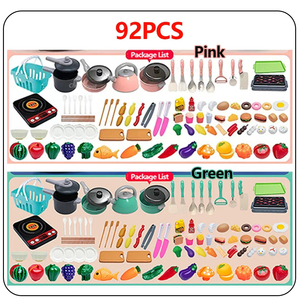 A set of 92 pieces of pink and green kids pretend play kitchen cooking utensils including pots pans and various food items
