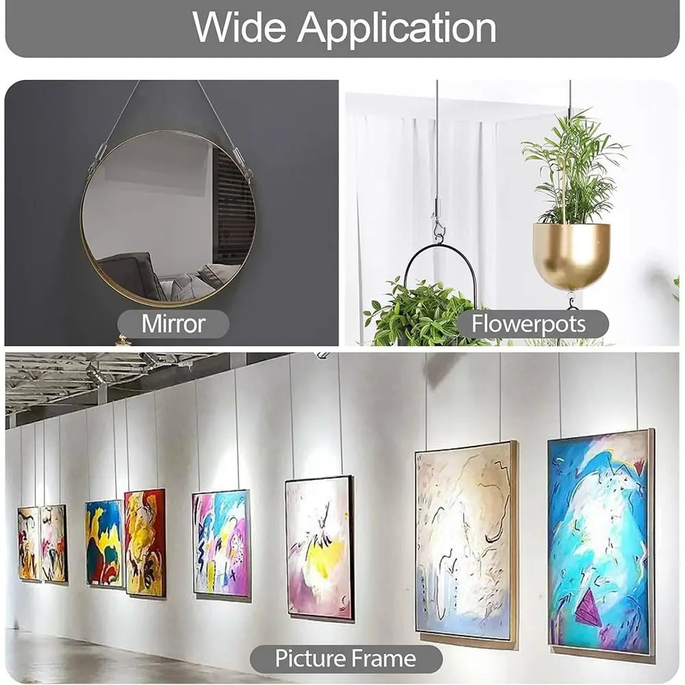 Adjustable stainless steel wire rope used for hanging pictures and decor, shown in various applications.