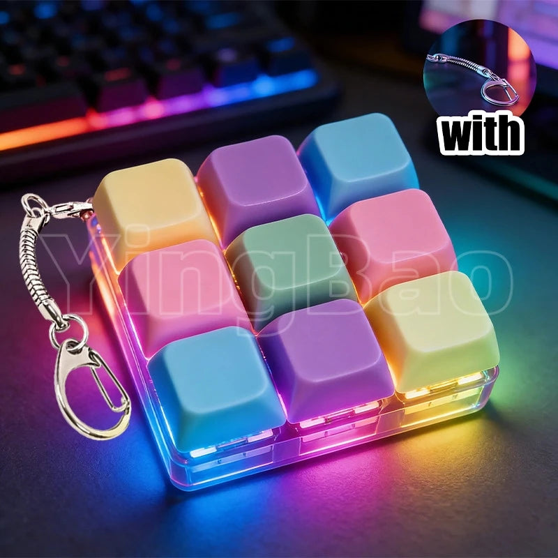 A colorful LED macaron keyboard fidget toy in a clear case with various pastel colored silicone macarons.