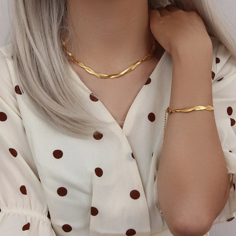 Gold-Plated Herringbone Chain Necklace & Bracelet Set