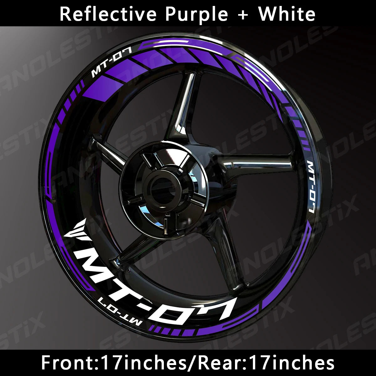 Reflective purple and white decals on a black motorcycle wheel rim for a Yamaha MT-07.