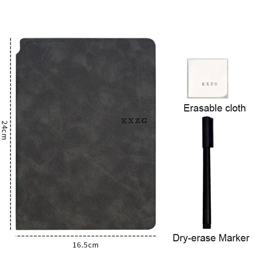 Un bloc-notes en tissu effaçable gris foncé et un marqueur effaçable noir.