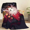 A throw blanket featuring an illustration of P-Pierrot The Freak Circus with purple hair and a red costume against a dark bac