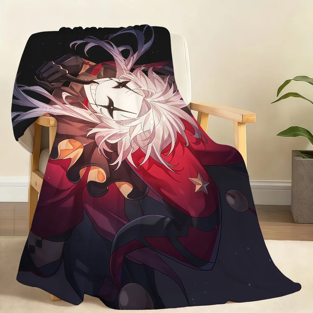A throw blanket featuring an illustration of P-Pierrot The Freak Circus with purple hair and a red costume against a dark bac