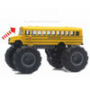 Yellow die-cast metal school bus pull-back toy with black tires and wheels