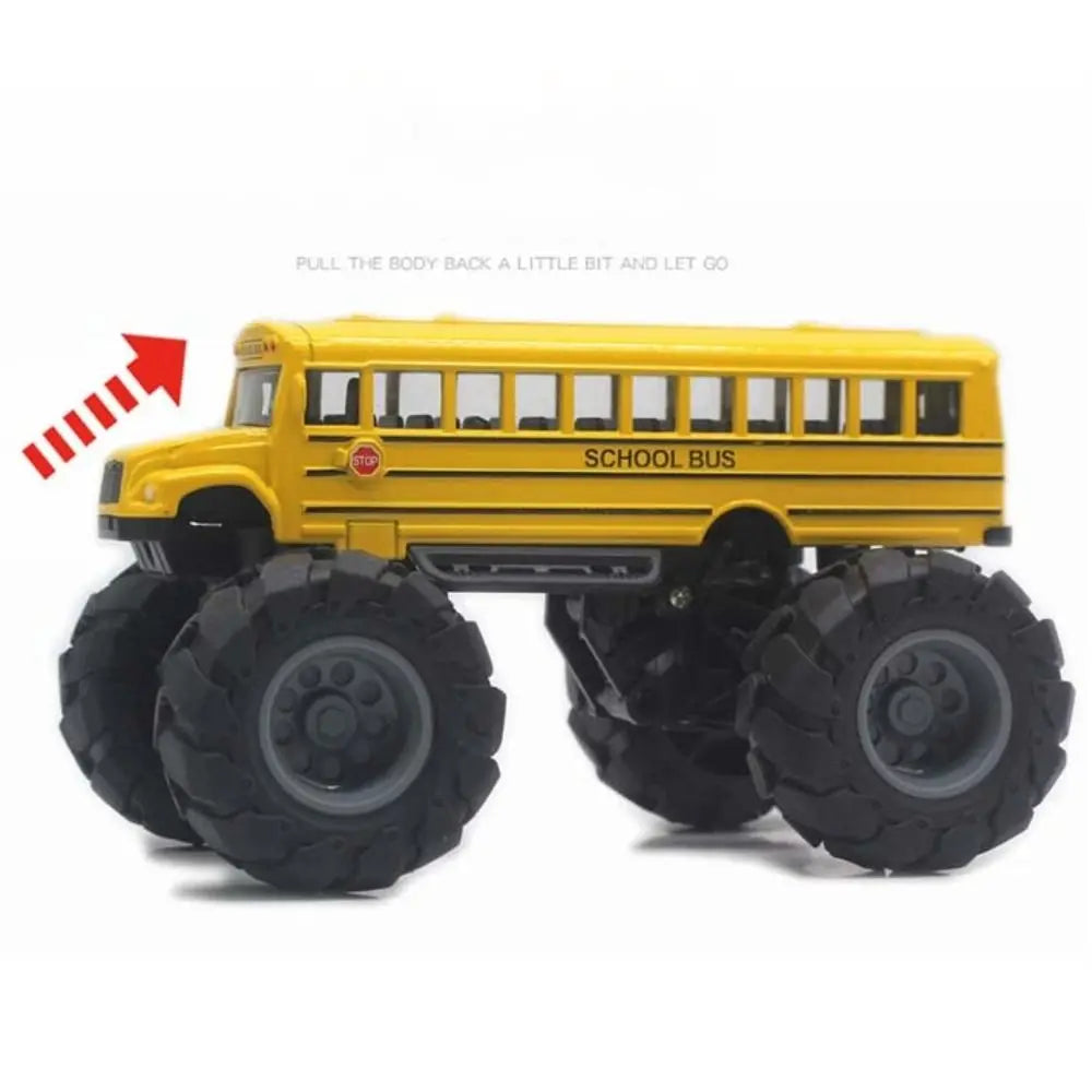 Yellow die-cast metal school bus pull-back toy with black tires and wheels