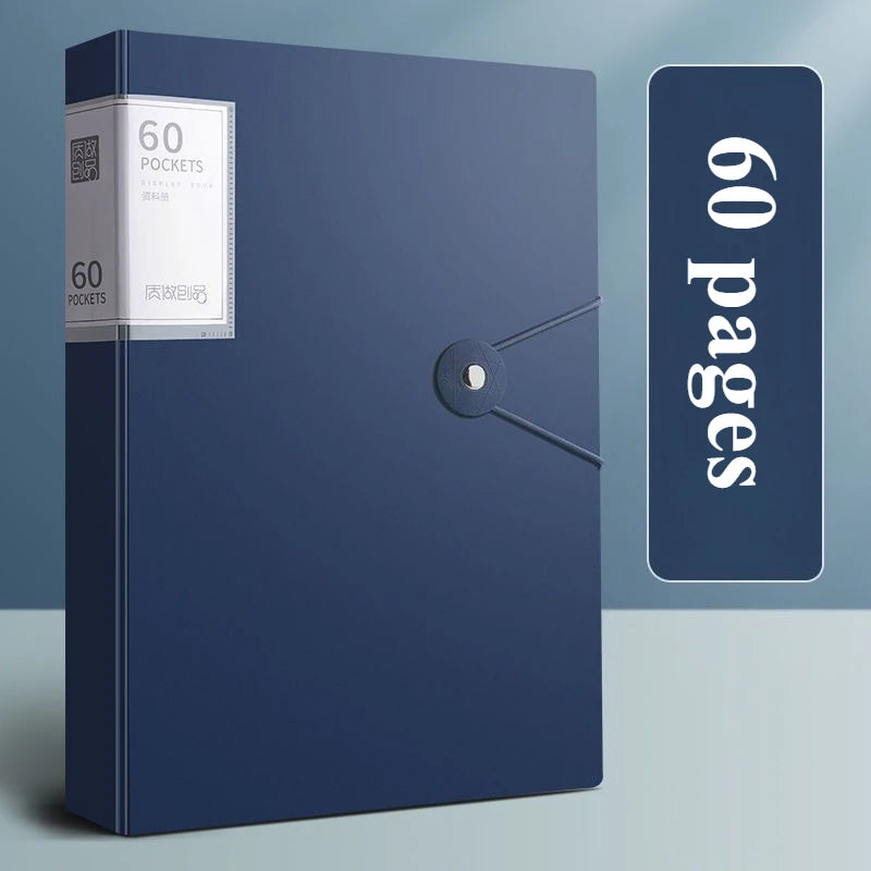 A dark blue A4 expanding file organizer with a silver lock and a label indicating 60 pockets.