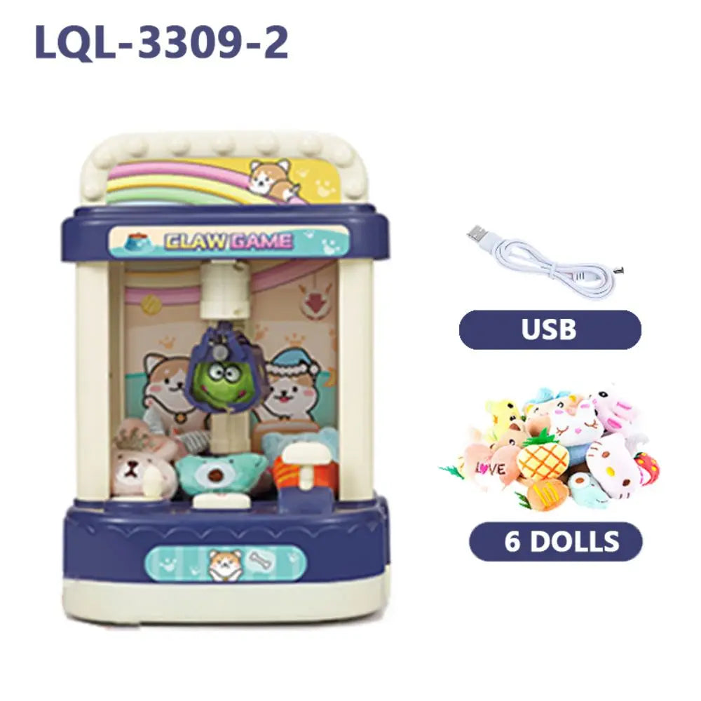 A purple and white claw machine toy for kids with lights and music, featuring a plush animal character.