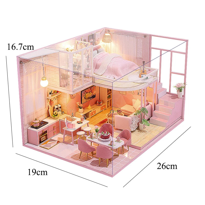 A pink wooden dollhouse miniature building kit featuring furniture and a bedroom setup.