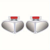 A pair of silver blind spot mirrors with red accents for cars.