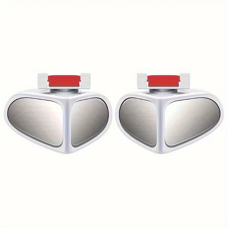A pair of silver blind spot mirrors with red accents for cars.