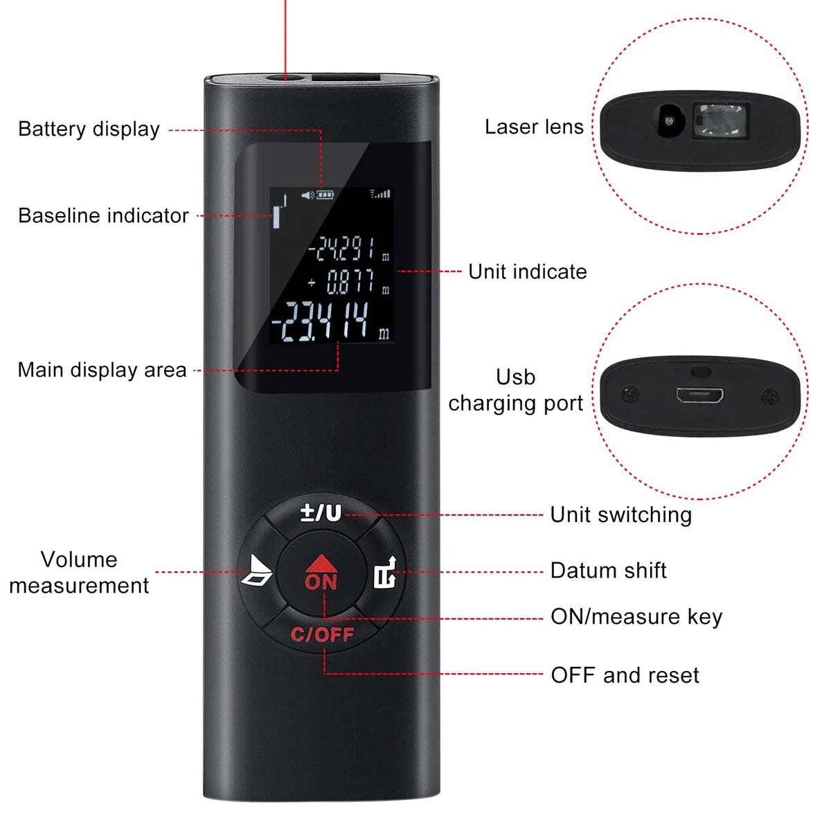 A black laser distance measurer device showing various indicators and buttons.