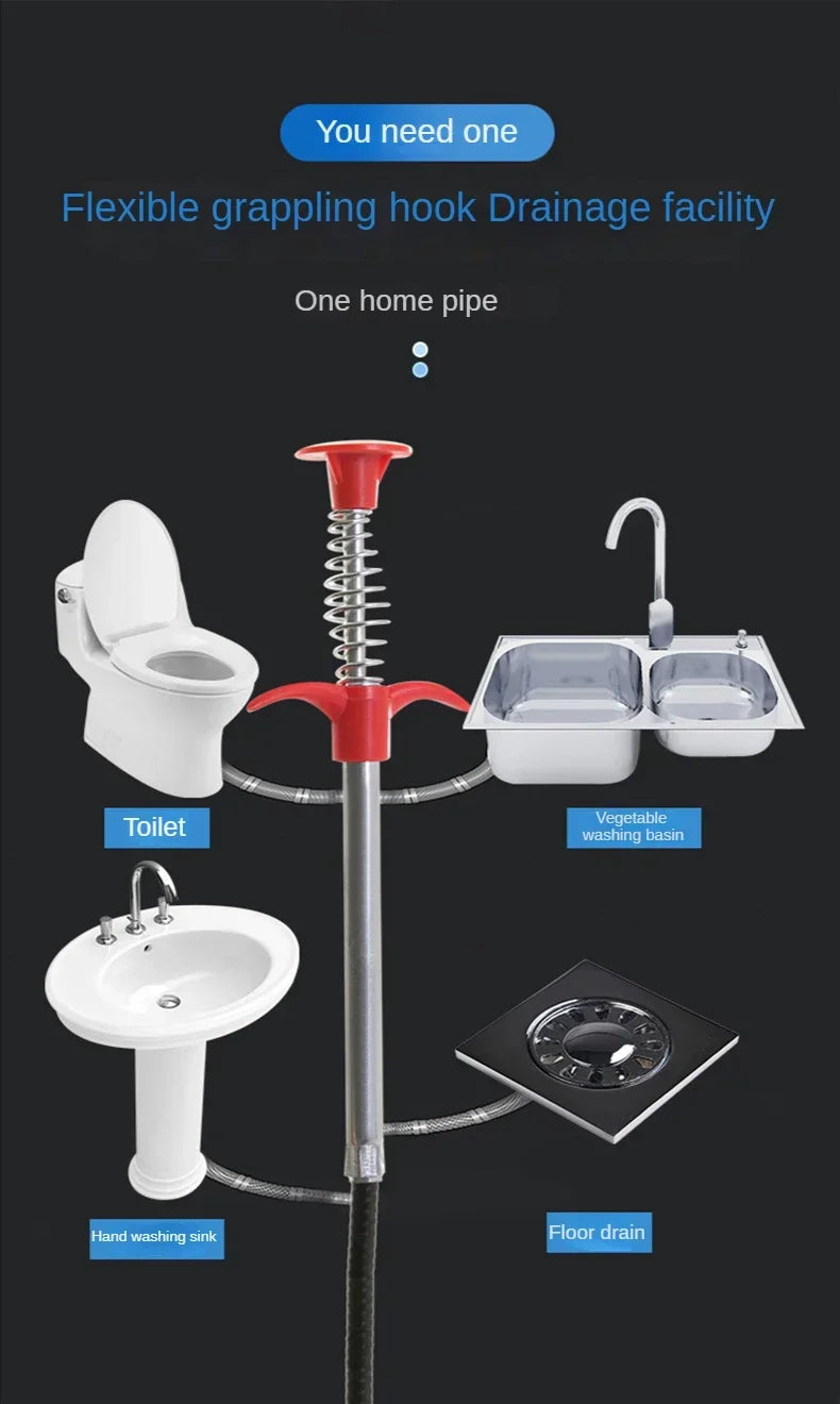 A flexible grappling hook drainage facility showing a toilet, hand washing sink, vegetable washing basin, and floor drain con