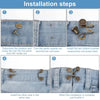 Five steps showing how to install no-sew metal jeans button snaps for waist adjustments on denim fabric.